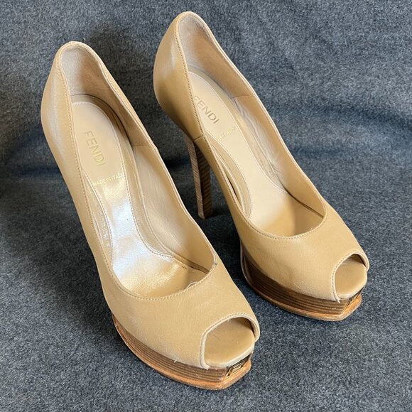 Fendi Shoes - FENDI FENDISTA sz 7 37 beige taupe peeptoe heels gold logo